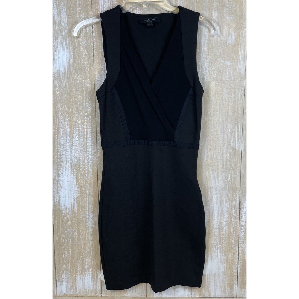 ALLSAINTS Women’s XXS Black Sleeveless Sheath Dress Short V-Neck Zip Closure